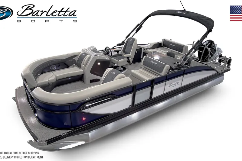 Slide: The Image of 2027 Barletta C24UE pontoon boat with sleek design and spacious seating. - 8