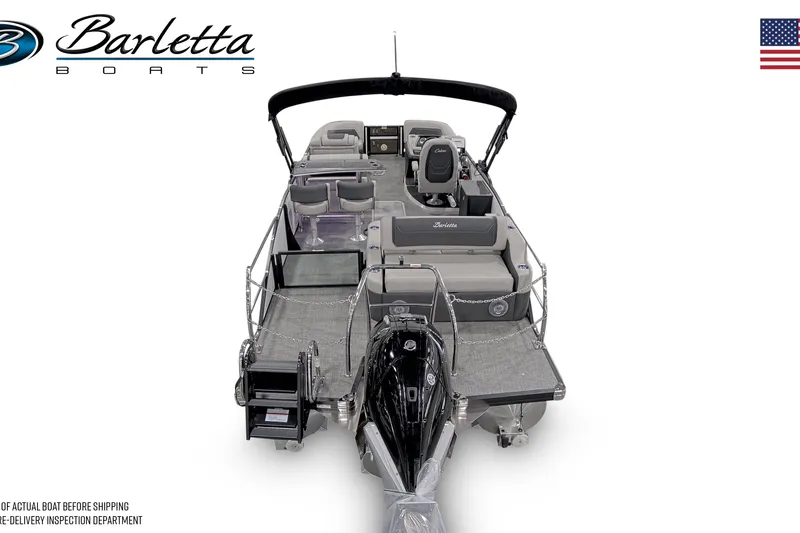 Slide: The Image of 2027 Barletta C24UE pontoon boat, rear view, showcasing seating and motor. - 2