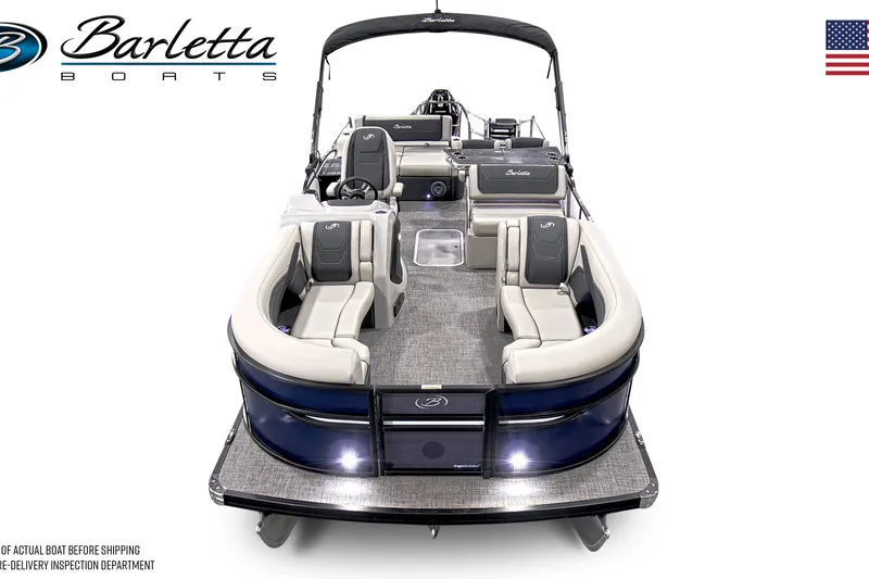 Slide: The Image of 2027 Barletta C24UE pontoon boat with luxurious seating and sleek design. - 13