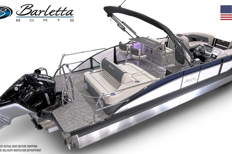 Slide: The Image of 2027 Barletta C24UE pontoon boat with modern seating and sleek design. - 3
