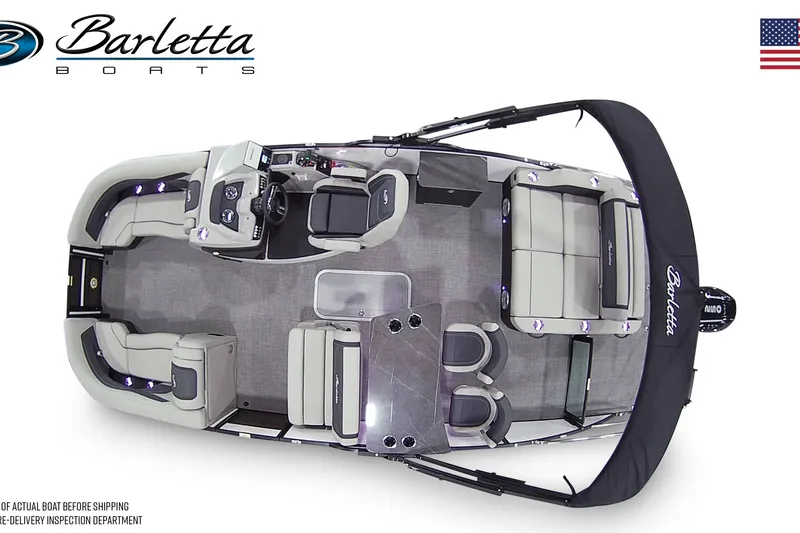 Slide: The Image of 2027 Barletta C24UE pontoon boat, top view, showcasing spacious seating and modern design. - 6