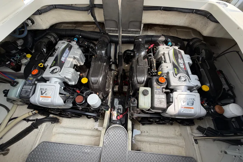Slide: The Image of Twin V8 engines in a 2016 Formula 37 Performance Cruiser boat engine compartment. - 47
