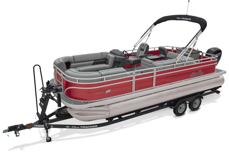 The Image of Manufacturer Provided Image: 2026 Sun Tracker SportFish 22 DLX pontoon boat on trailer, red and gray design. - 0