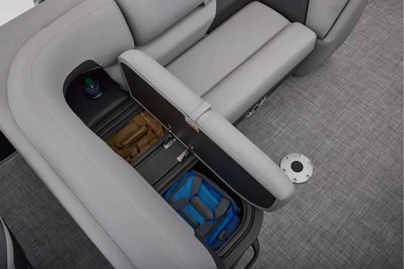 Slide: The Image of Manufacturer Provided Image: 2026 Sun Tracker SportFish 22 DLX boat interior with storage compartment and seating. - 50