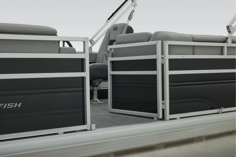 Slide: The Image of Manufacturer Provided Image: 2026 Sun Tracker SportFish 22 DLX pontoon boat interior with gray seating and railing. - 68
