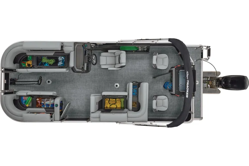 Slide: The Image of Manufacturer Provided Image: 2026 Sun Tracker SportFish 22 DLX pontoon boat, top view, spacious seating, fishing gear storage. - 14