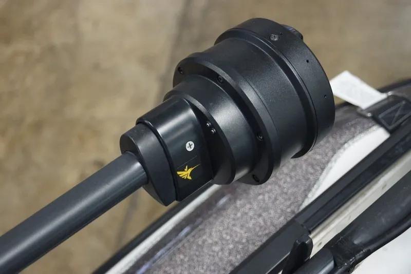 Slide: The Image of Close-up of a 2023 Skeeter ZXR21 boat component, featuring a sleek black design. - 19