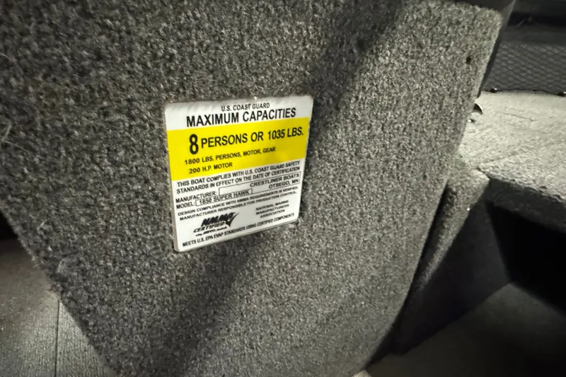 Slide: The Image of Capacity label on 2020 Crestliner 1850 Super Hawk, indicating 8-person or 1035 lbs limit. - 18