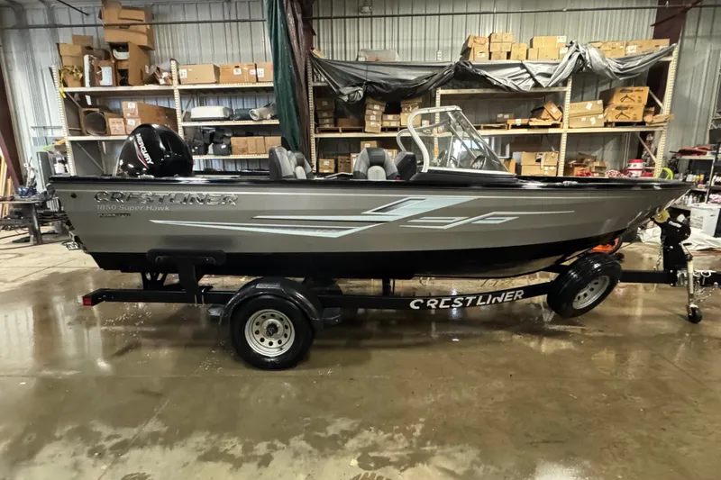 The Image of 2020 Crestliner 1850 Super Hawk boat in a warehouse setting. - 0