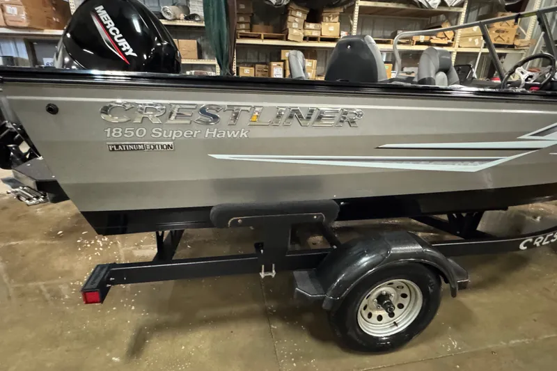 Slide: The Image of 2020 Crestliner 1850 Super Hawk Platinum Edition boat on trailer in storage. - 7