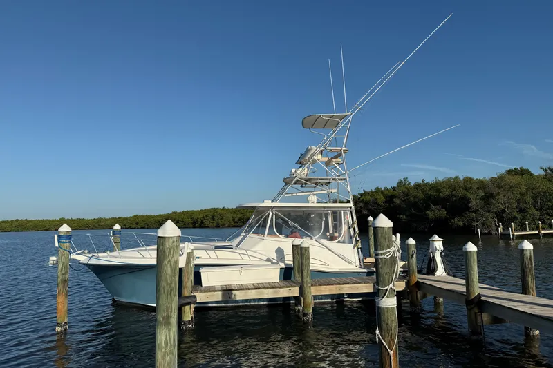 The Image of 1998 Dorado 36 Express boat docked by a wooden pier under clear blue skies. - 0