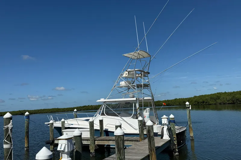Slide: The Image of 1998 Dorado 36 Express boat docked at a marina under clear blue skies. - 57