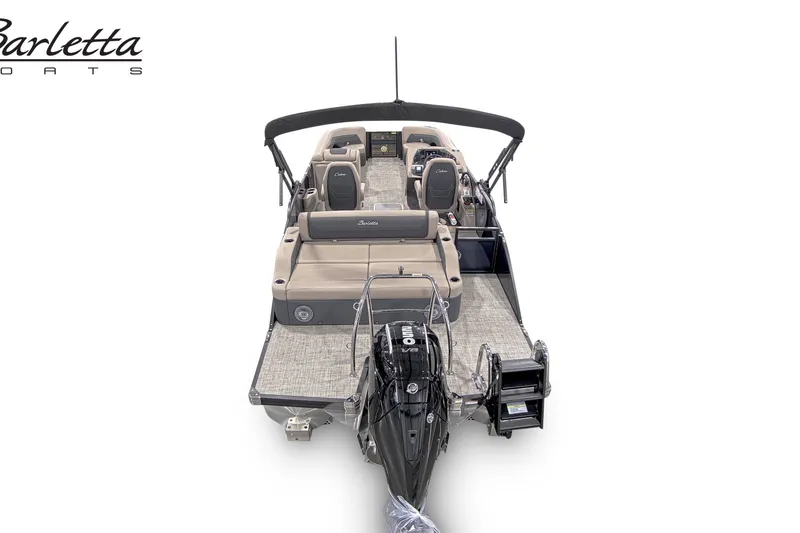 Slide: The Image of 2027 Barletta C24UC pontoon boat, rear view, showcasing spacious seating and modern design. - 11
