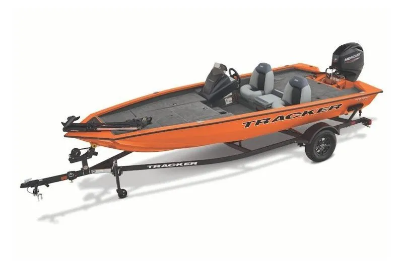 The Image of 2027 Tracker Pro Team 175 boat in vibrant orange with trailer and dual seats. - 1
