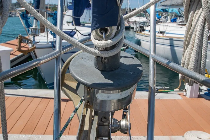 Slide: The Image of Close-up of a 1988 Hylas 44 Center Cockpit sailboat's deck and rigging at a marina. - 71