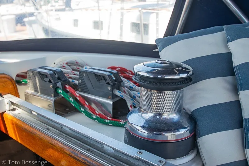 Slide: The Image of Winch and ropes on 1988 Hylas 44 Center Cockpit sailboat deck. - 61