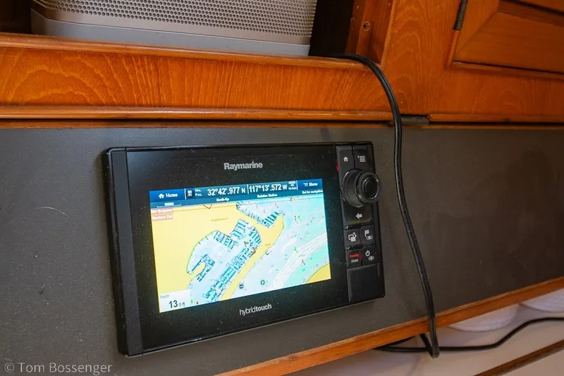 Slide: The Image of Raymarine navigation system on 1988 Hylas 44 Center Cockpit yacht, displaying nautical chart. - 36
