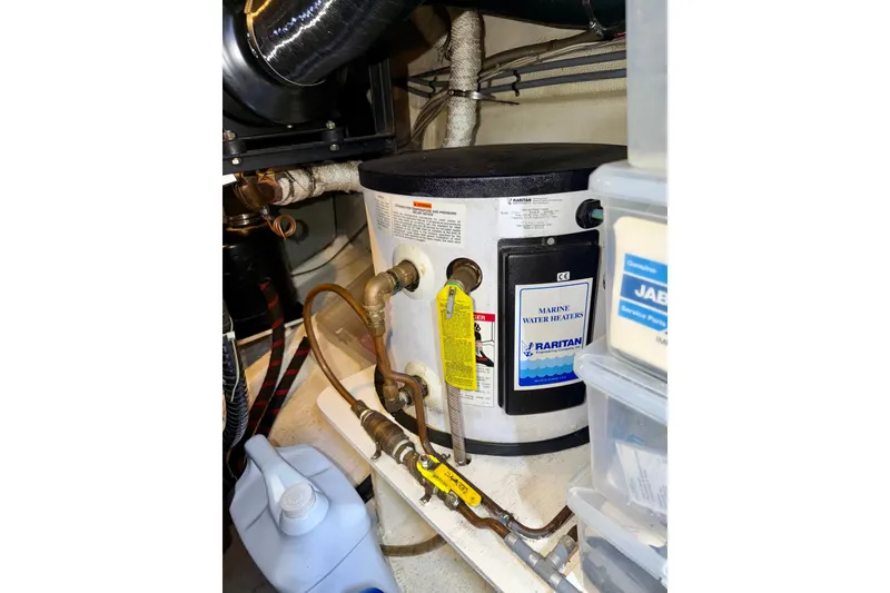 Slide: The Image of Marine water heater in 1988 Grand Banks 42 Classic engine room. - 75