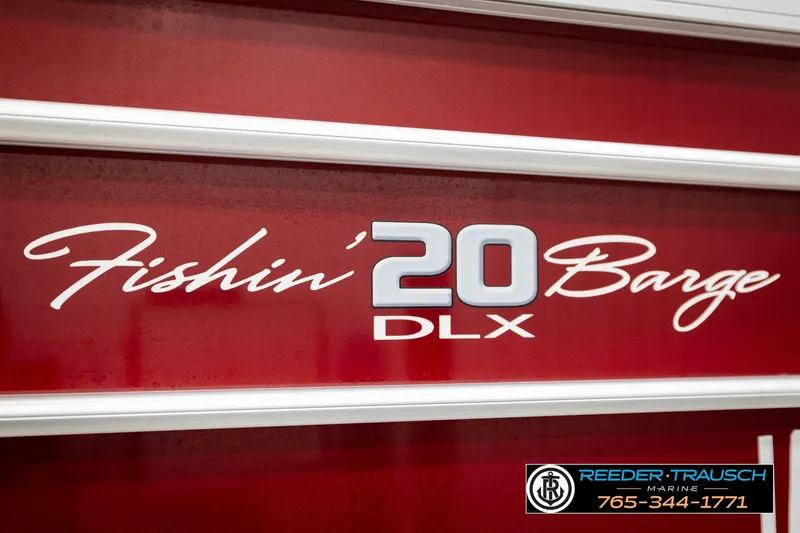 Slide: The Image of Red SUNTRACKER 20 DLX Fishin' Barge boat, 2019 model, with dealership logo. - 55