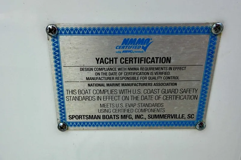 Slide: The Image of 2023 Sportsman Heritage 261 Center Console yacht certification plaque, NMMA and US Coast Guard compliant. - 74