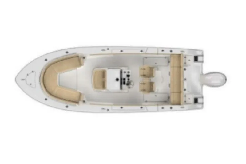 Slide: The Image of Top view of 2023 Sportsman Heritage 261 Center Console boat layout. - 2