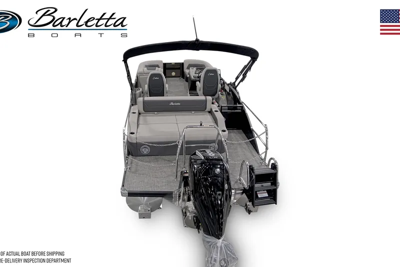Slide: The Image of 2027 Barletta C22UC pontoon boat, rear view with seating and motor, showcasing luxury design. - 10