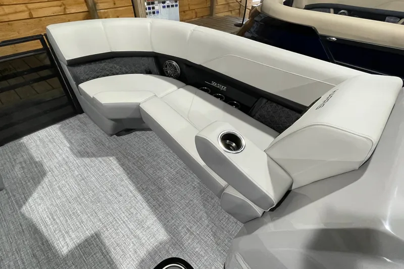 Slide: The Image of Luxurious seating on 2027 Harris Solstice 230 SL boat with elegant upholstery and cup holders. - 25