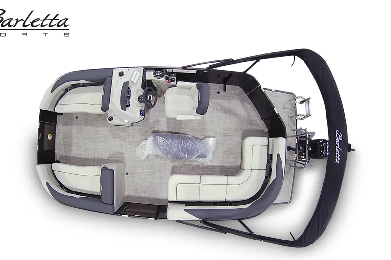 Slide: The Image of 2027 Barletta S20L pontoon boat, top view, showcasing spacious seating and modern design. - 16