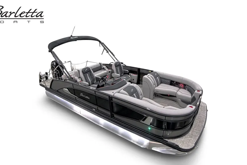 Slide: The Image of 2027 Barletta L23U pontoon boat with sleek design and luxurious seating. - 1