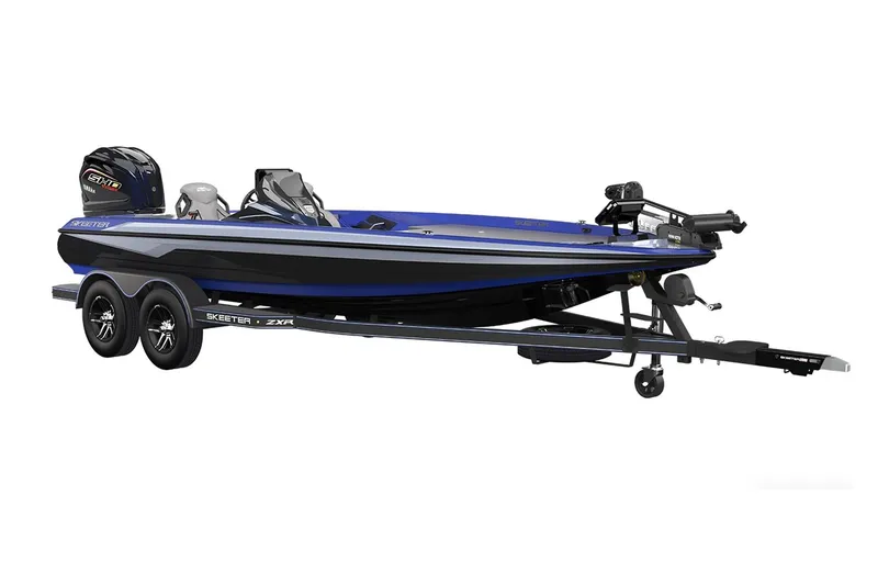 Slide: The Image of Manufacturer Provided Image: 2025 Skeeter ZXR19 bass boat with dual-axle trailer, featuring sleek blue and black design. - 16
