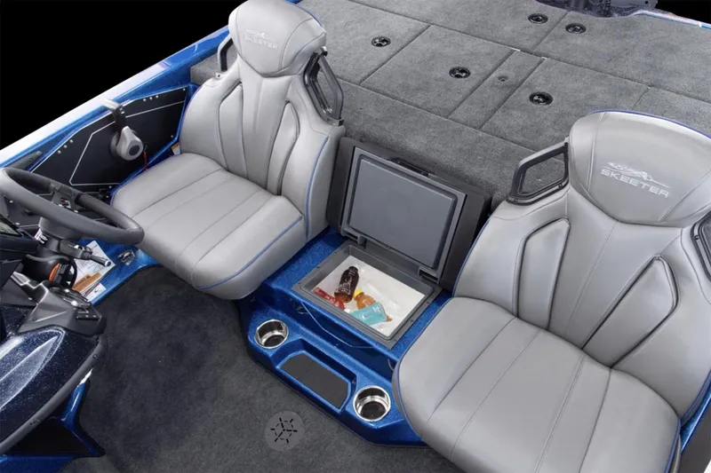 Slide: The Image of Manufacturer Provided Image: 2025 Skeeter ZXR19 boat interior with gray seats and storage compartment. - 26