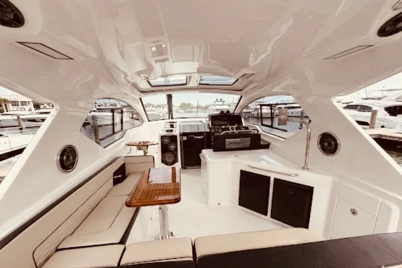 Slide: The Image of Luxurious interior of 2026 Granfort 370 GTX yacht with modern seating and sleek design. - 5
