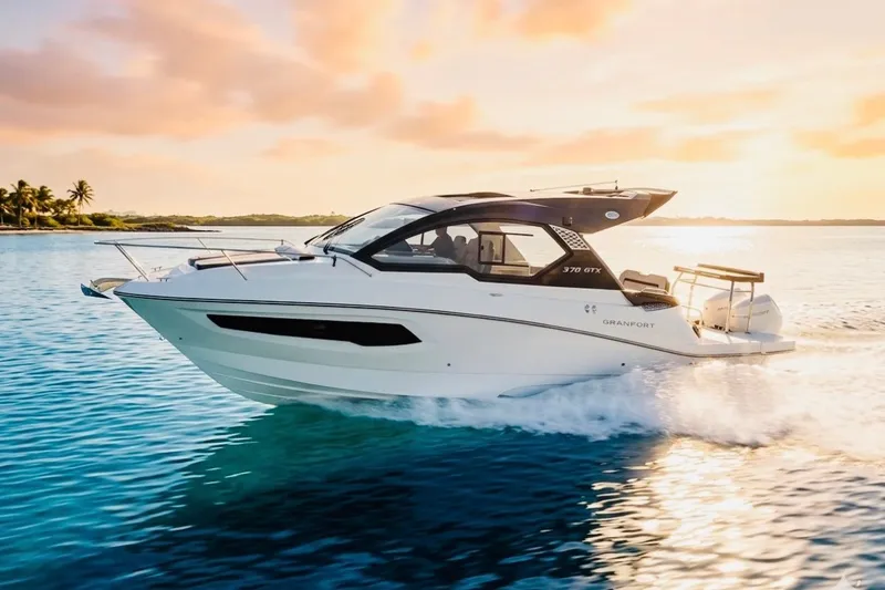 The Image of 2026 Granfort 370 GTX yacht cruising on serene ocean at sunset. - 1