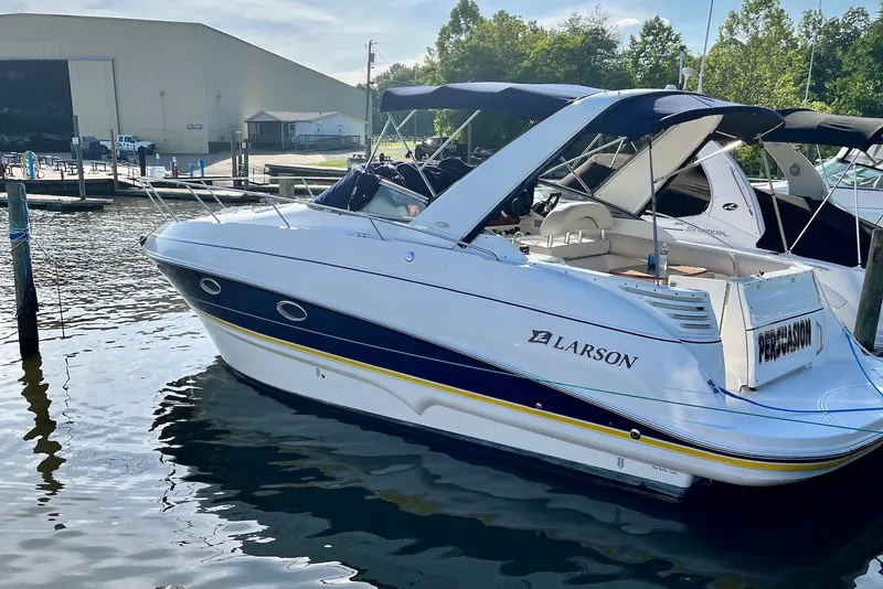 The Image of 2006 Larson Cabrio 310 boat docked at marina, featuring sleek design and spacious deck. - 1