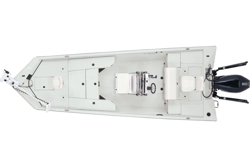Slide: The Image of Top view of a 2024 Ranger RB210 boat with open deck and outboard motor. - 17
