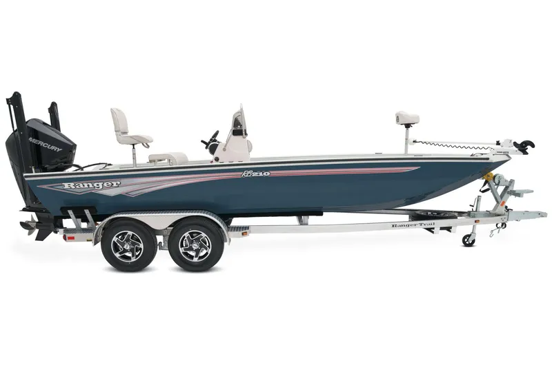 Slide: The Image of 2024 Ranger RB210 boat with a blue hull on a trailer, equipped with a Mercury engine. - 21