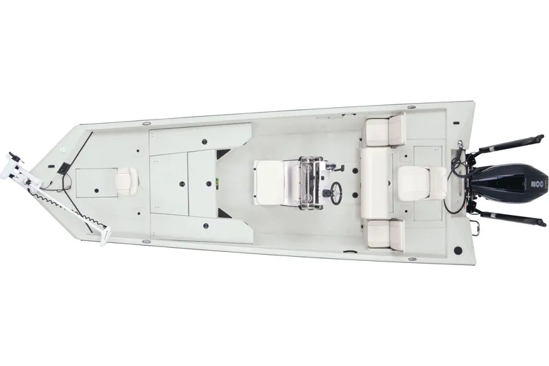 Slide: The Image of Top view of a 2024 Ranger RB210 boat with open deck and outboard motor. - 16