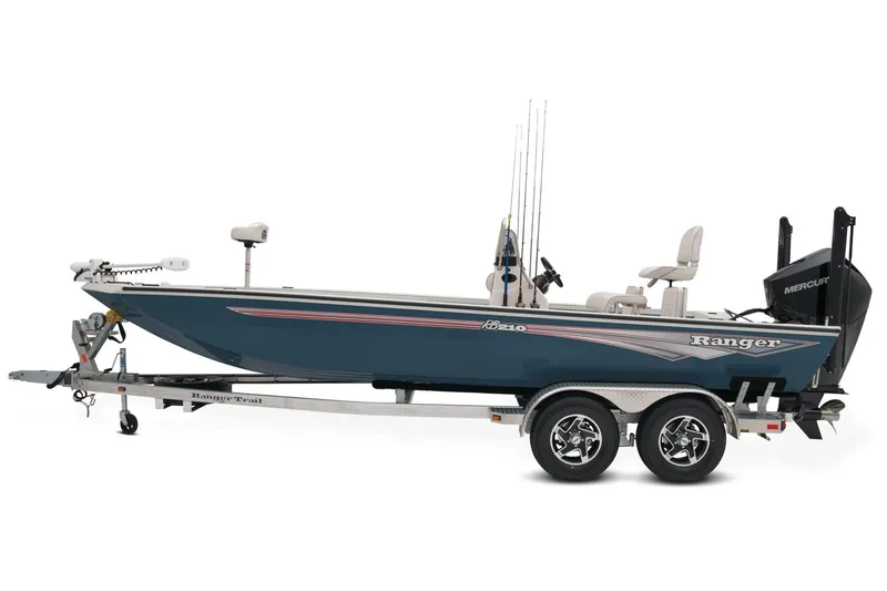 Slide: The Image of 2024 Ranger RB210: Sleek design, equipped with fishing rod holders and a powerful outboard motor. - 15