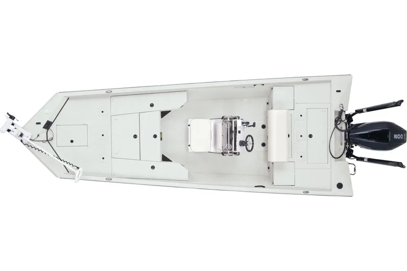Slide: The Image of Top view of a 2024 Ranger RB210 boat with open deck and outboard motor. - 18