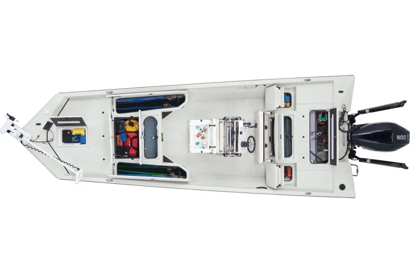 Slide: The Image of Top view of a 2024 Ranger RB210 boat with open deck and storage compartments. - 19
