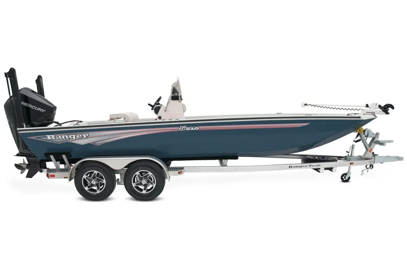 Slide: The Image of 2024 Ranger RB210: A sleek, blue boat on a trailer with dual motors and modern features. - 20