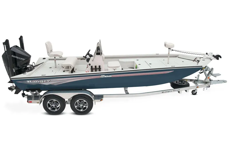 Slide: The Image of 2024 Ranger RB210: A sleek boat with a blue hull, equipped with a Mercury engine, on a trailer. - 22