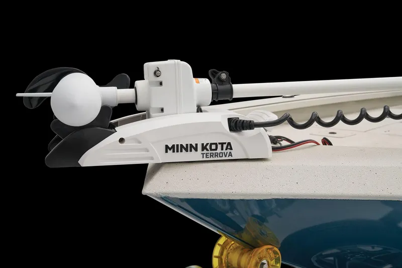 Slide: The Image of Close-up of a Minn Kota Terrova trolling motor on a Ranger RB210 boat. - 26