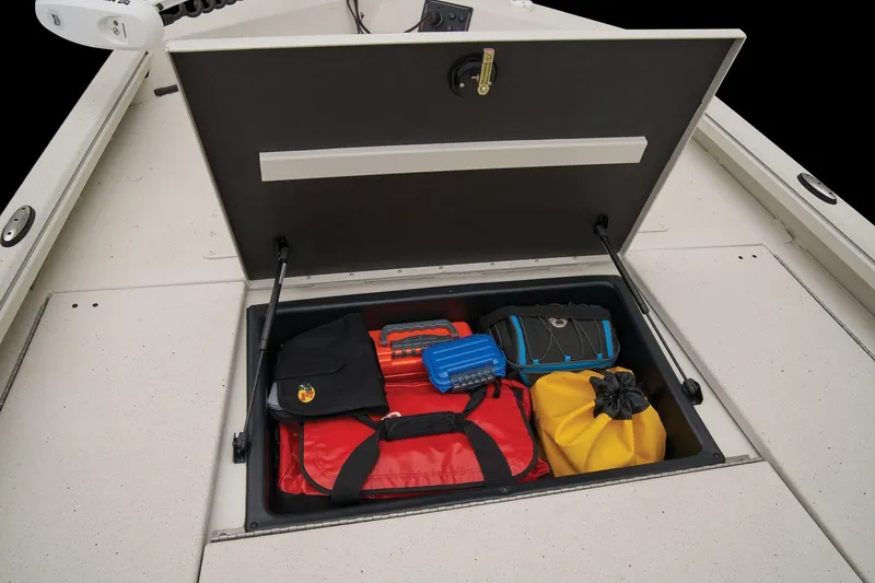 Slide: The Image of Storage compartment in Ranger RB210 boat with various bags and gear. - 33
