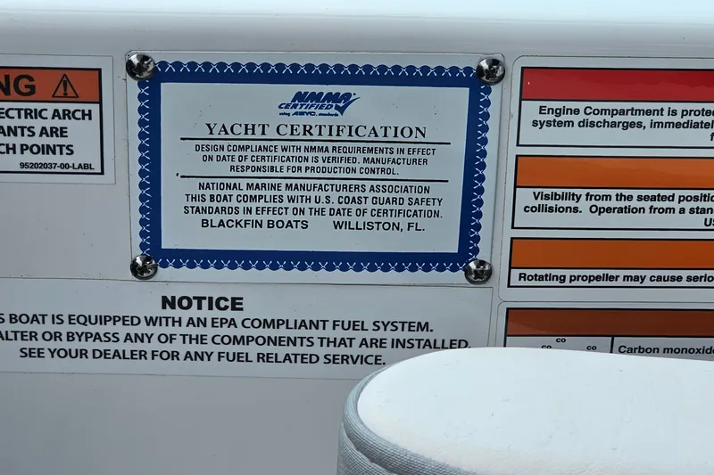 Slide: The Image of Yacht certification label on 2021 Monterey 295 Sport Yacht, highlighting safety compliance. - 22