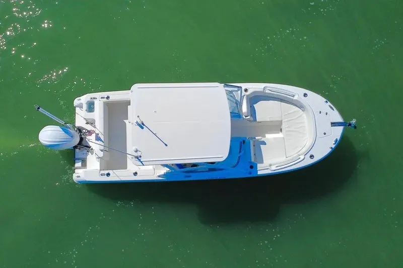 Slide: The Image of Overhead view of 2023 Edgewater 248CX Crossover boat on green water. - 15