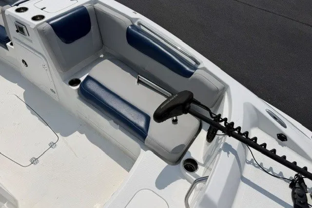 Slide: The Image of Interior of a 2017 Tahoe 1950 boat with seating and trolling motor. - 15