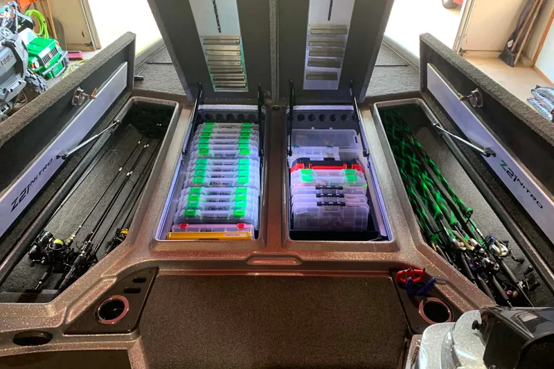Slide: The Image of Interior of a 2022 Nitro Z21 XL boat with organized fishing gear storage. - 15