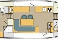 Slide: The Image of Floor plan of a 2000 Sabreline 47 yacht, featuring a kitchen, seating area, and bathroom. - 15
