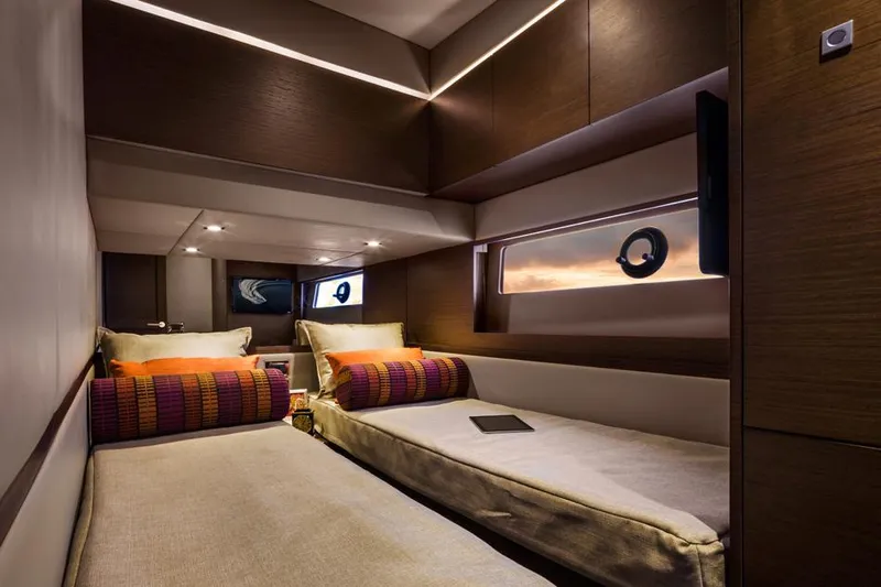 Slide: The Image of Manufacturer Provided Image: Luxurious cabin interior of 2014 Sea Ray 510 Fly yacht with twin beds. - 14